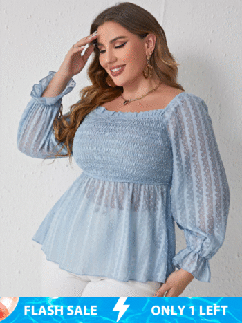 Plus Blue Square Neck Frill Trim Ruffle Blouse