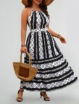 Full Print Geometric Pattern Backless Halter Neck Dress