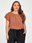 Plus Brown Ruffle Sleeve Tee