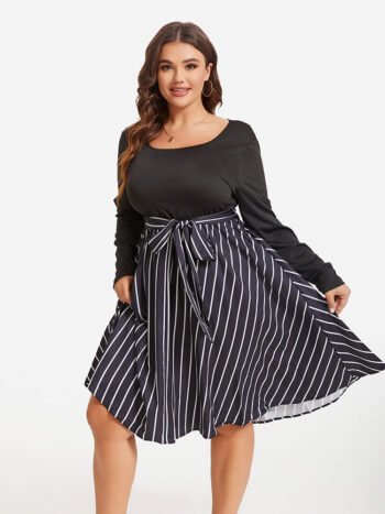 Striped Print Square Neck Belted Midi Dress