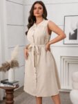 Solid Button Front Belted Shirt Dress