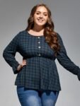 Plus Green Plaid Button Front Elastic Waist Blouses