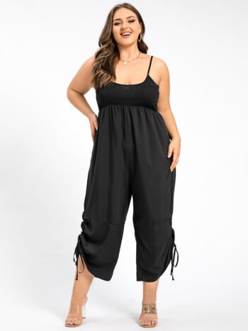 Plus Black Ruched Drawstring Hem Cami Jumpsuit