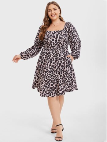 Leopard Print Square Neck Belted Midi Dress