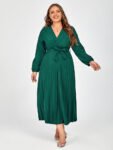 Plus V-Neck Belted Lantern Sleeve Maxi Dress