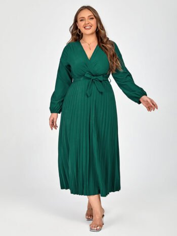 Plus V-Neck Belted Lantern Sleeve Maxi Dress