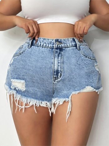 Ripped Raw Hem Denim Shorts