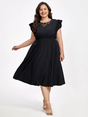 Plus Black Lace Pocket Ruffle Trim Elastic Waist Midi Dress