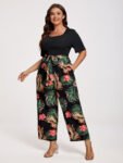 Plus Tropical Print Square Neck Belted Jumpsuit