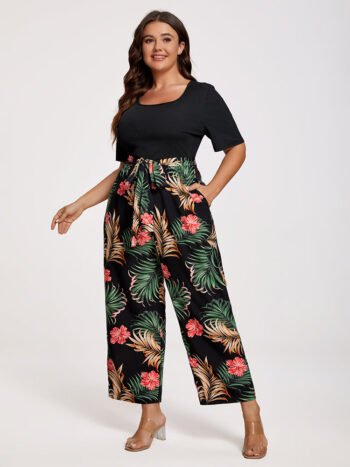 Plus Tropical Print Square Neck Belted Jumpsuit